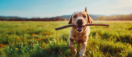 Cute labrador retriever dog playing with a stick in the fieldの素材