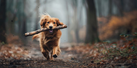 Golden retriever dog playing with a stick in the autumn forest.の素材