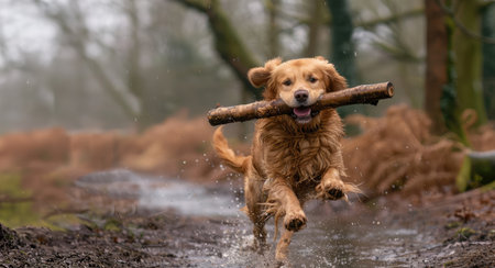 Golden Retriever running in the rain with a stick in its mouthの素材