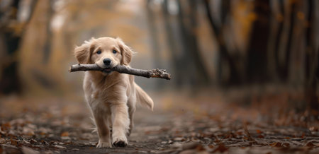 Golden Retriever puppy playing with a stick in the autumn forestの素材