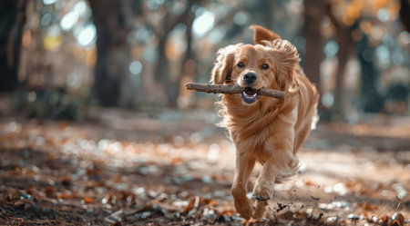 Golden Retriever dog playing with a stick in the park.の素材