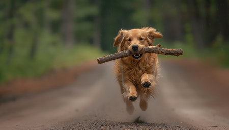 Golden Retriever running on the road with a stick in his mouthの素材