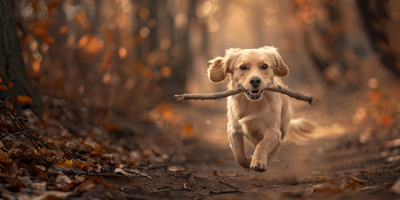 Golden Retriever dog running with a stick in the autumn forestの素材