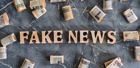 Fake news concept. Word Fake news made of wooden lettersle backgroundの素材