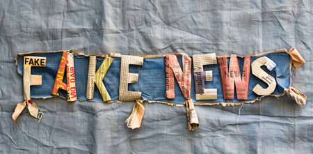 Fake news concept. Torn newspaper with fake news headline on fabric backgroundの素材