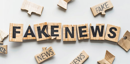 Fake news concept. Word Fake news made of wooden blocks on white backgroundの素材