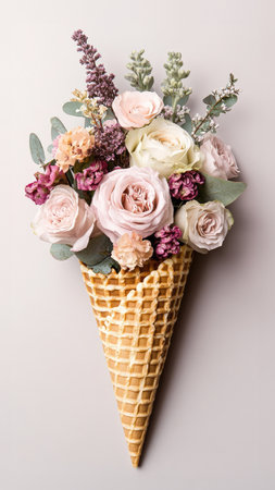 Waffle cone with bouquet of flowers on a gray background.の素材