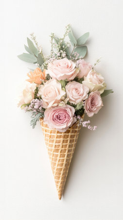 Flower ice cream cone with pastel color flowers on white backgroundの素材