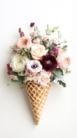 Ice cream cone with a bouquet of flowers on a white backgroundの素材