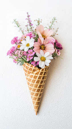 Flower bouquet in waffle cone on white background - Vintage Light Filterの素材