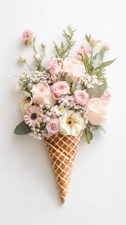 Waffle cone with flowers on white background. Flat lay, top viewの素材