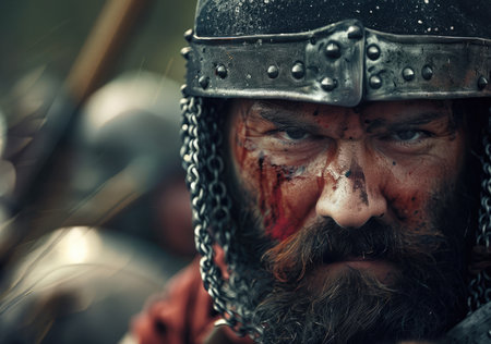 Member of history club Golden Capricorn wears medieval costume as he participates in historical festival and camp in memory of King Vladimir in Kiev, Ukraine.の素材