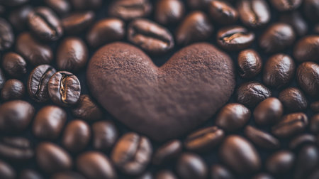 Heart shape surrounded by regular coffee beans. Love for coffee and aromatic blend concept.の素材