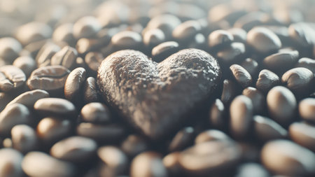 Coffee beans in heart shape on dark background with copy spaceの素材