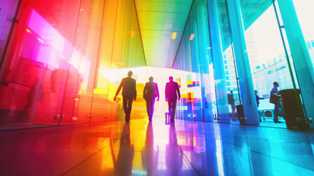 People walking on rainbow colors office space, motion blur effect, LGBT pride gender equality conceptの素材