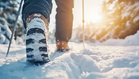 Hiker walking on snow in winter forest. Winter hiking concept.の素材