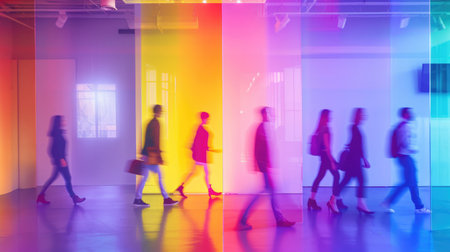 Blurred image of people walking in modern hall with colorful lights.の素材
