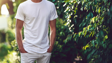 Cropped image of a young man in a white t-shirt standing in a green garden.の素材