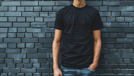 Man wearing blank black t-shirt mockup on brick wall background.の素材