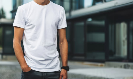 Man wearing blank white t-shirt with copy space on the streetの素材