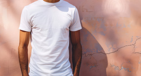 Man in white t-shirt on a background of a pink wallの素材