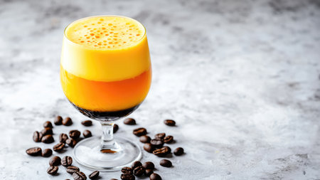 Panna cotta dessert in a glass with coffee beans on a concrete backgroundの素材