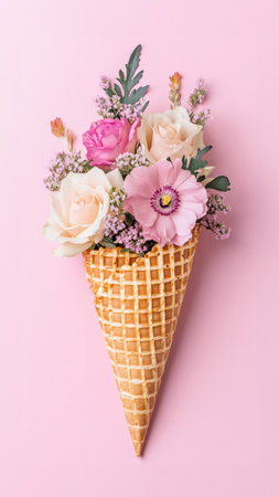 Waffle cone with flowers on pink background. Flat lay, top view.の素材