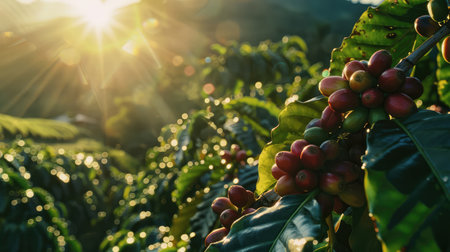Coffee beans ripening on a tree in a coffee plantationの素材