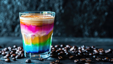 Coffee latte in a glass with coffee beans on dark backgroundの素材