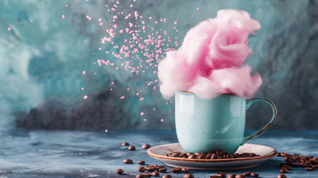 Cotton candy in a cup with coffee beans on a blue backgroundの素材
