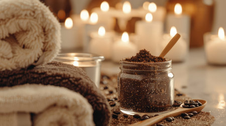 Coffee scrub in a glass jar with coffee beans on a wooden spoon, spa setting with candles and a towel. Wellness and natural skincare conceptの素材