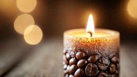 Coffee beans and burning candle on wooden table with bokeh backgroundの素材