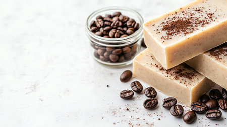 Coffee soap and coffee beans on a white wooden background.の素材