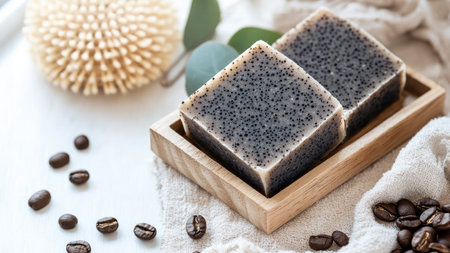 Pair of black soaps with coffee beans on a white wooden backgroundの素材
