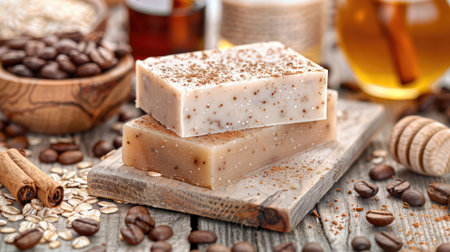 Natural handmade soap bars with coffee beans and cinnamon on wooden background.の素材