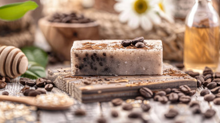 Natural handmade soap bars with coffee beans on wooden background, close upの素材
