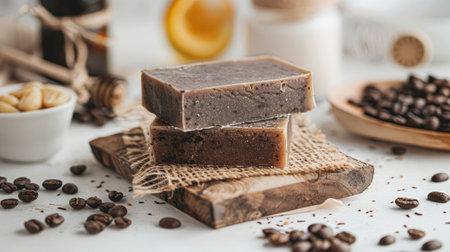 Coffee soap bars and coffee beans on a white background.の素材