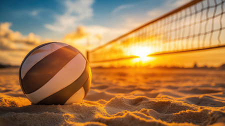 Volleyball ball on the beach at sunset. Close-upの素材