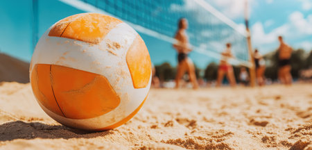volleyball ball on the sand on the background of volleyball playersの素材