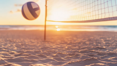 Volleyball net on the beach at sunset or sunrise time.の素材