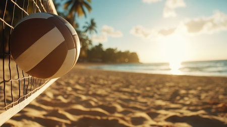 Volleyball net on tropical beach at sunset, closeup viewの素材