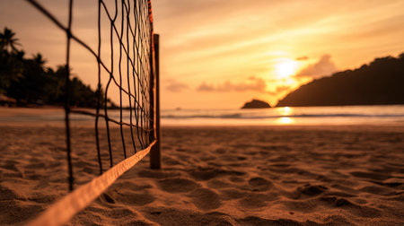 Volleyball net on the beach at beautiful sunset, Thailand.の素材