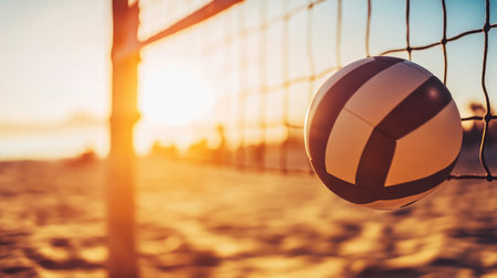 Volleyball ball on the net of a beach volleyball court.の素材