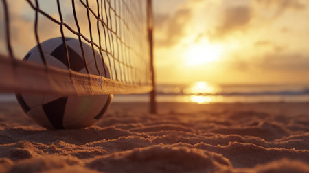 Soccer ball and net on the beach at sunset. Sport backgroundの素材