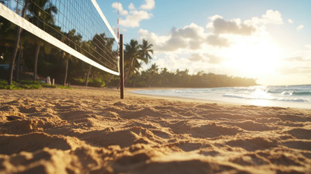 Volleyball net on the beach with palm trees in the backgroundの素材