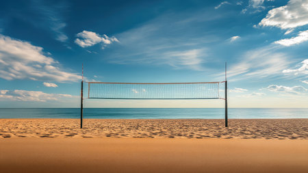 Volleyball net on the beach. Seascape background.の素材