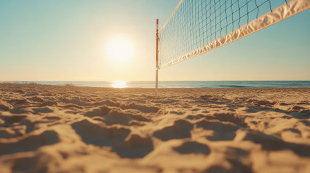 Volleyball net on the beach at sunset. Filtered image.の素材