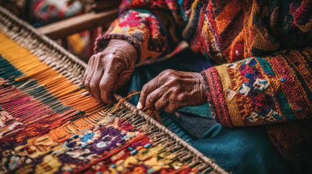 Close-up of the hands of an old woman weaving a carpetの素材