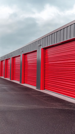 Red corrugated metal gates in a row against a cloudy skyの素材