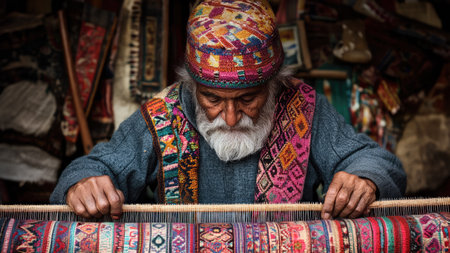 Portrait of an old man weaving a carpet in the street.の素材